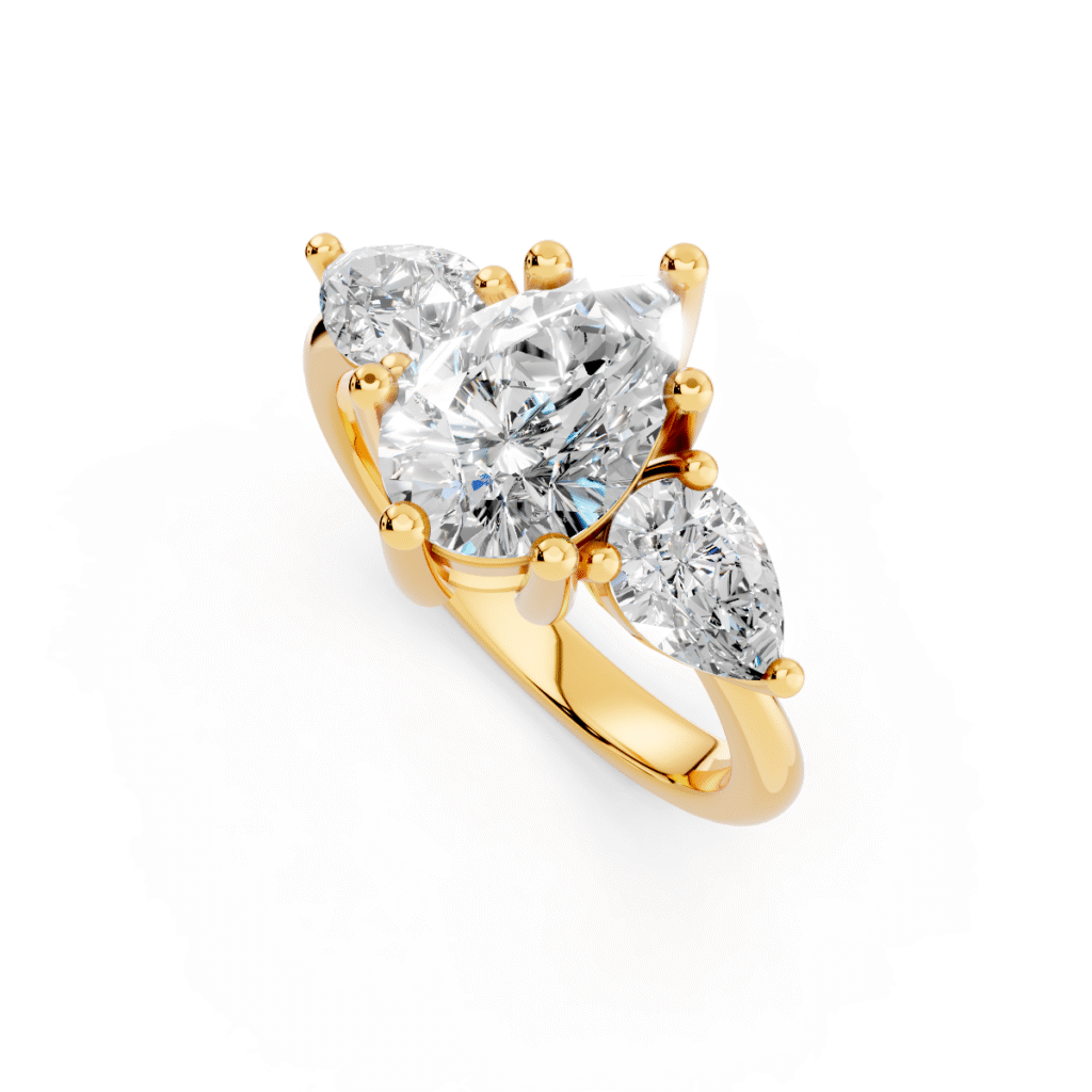 14K yellow gold three-stone ring with 1.01ct Pear center diamond and 0.71ct total pear side diamonds