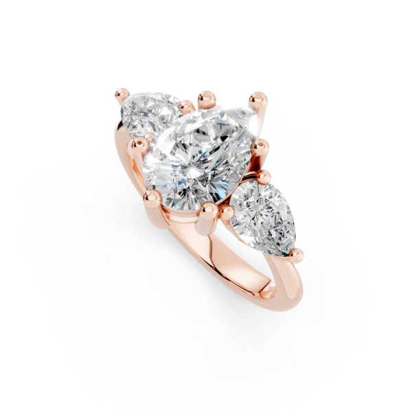 14K rose gold three-stone ring with 1.01ct Pear center diamond and 0.71ct total pear side diamonds