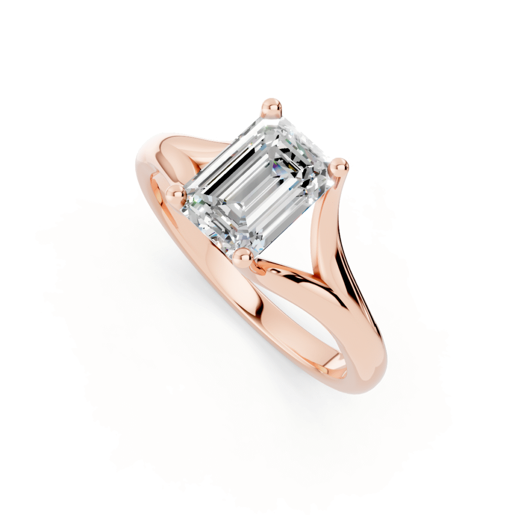 rose gold emerald-cut lab-grown diamond solitaire engagement ring with a split shank setting — elegant and ethical luxury jewelry.