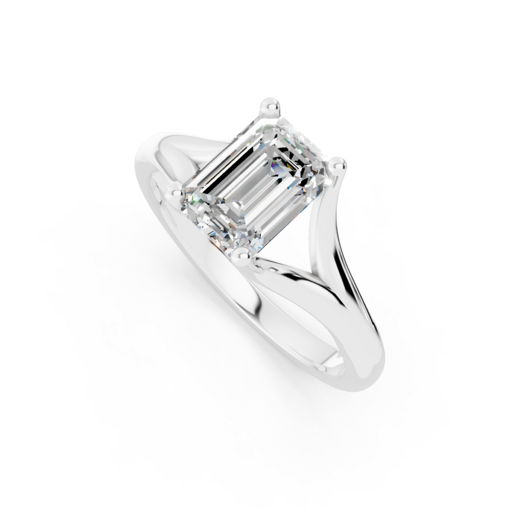 white gold emerald-cut lab-grown diamond solitaire engagement ring with a split shank setting — elegant and ethical luxury jewelry.