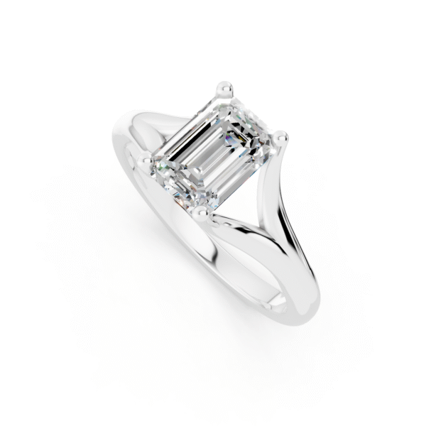 white gold emerald-cut lab-grown diamond solitaire engagement ring with a split shank setting — elegant and ethical luxury jewelry.