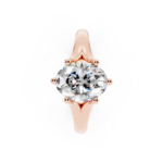 Stunning 10KT Rose Gold Oval Lab Grown Diamond Split Shank Engagement Ring featuring a 1.00 carat IGI certified D-F VS diamond.