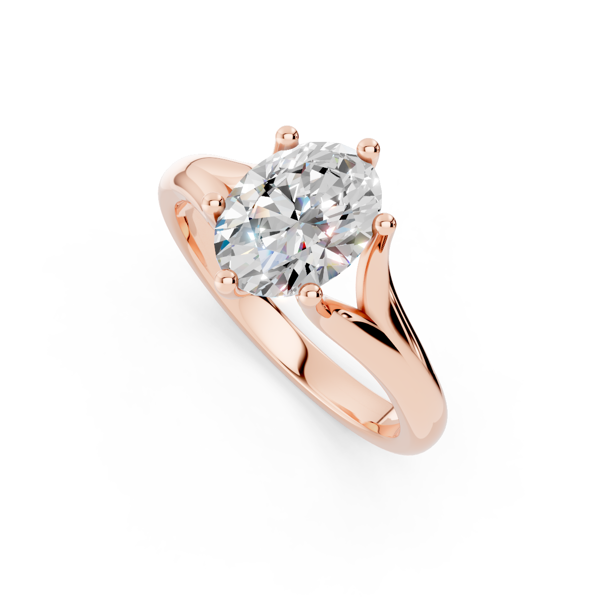 Stunning 10KT Rose Gold Oval Lab Grown Diamond Split Shank Engagement Ring featuring a 1.00 carat IGI certified D-F VS diamond.