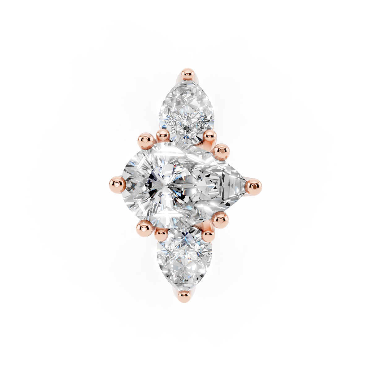 10K rose gold three-stone ring with 1.01ct Pear center diamond and 0.71ct total pear side diamonds