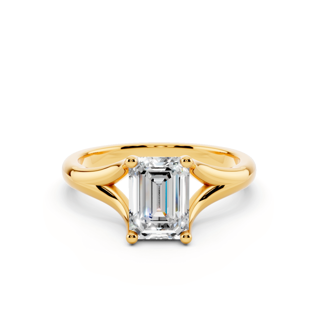 yellow gold emerald-cut lab-grown diamond solitaire engagement ring with a split shank setting — elegant and ethical luxury jewelry.